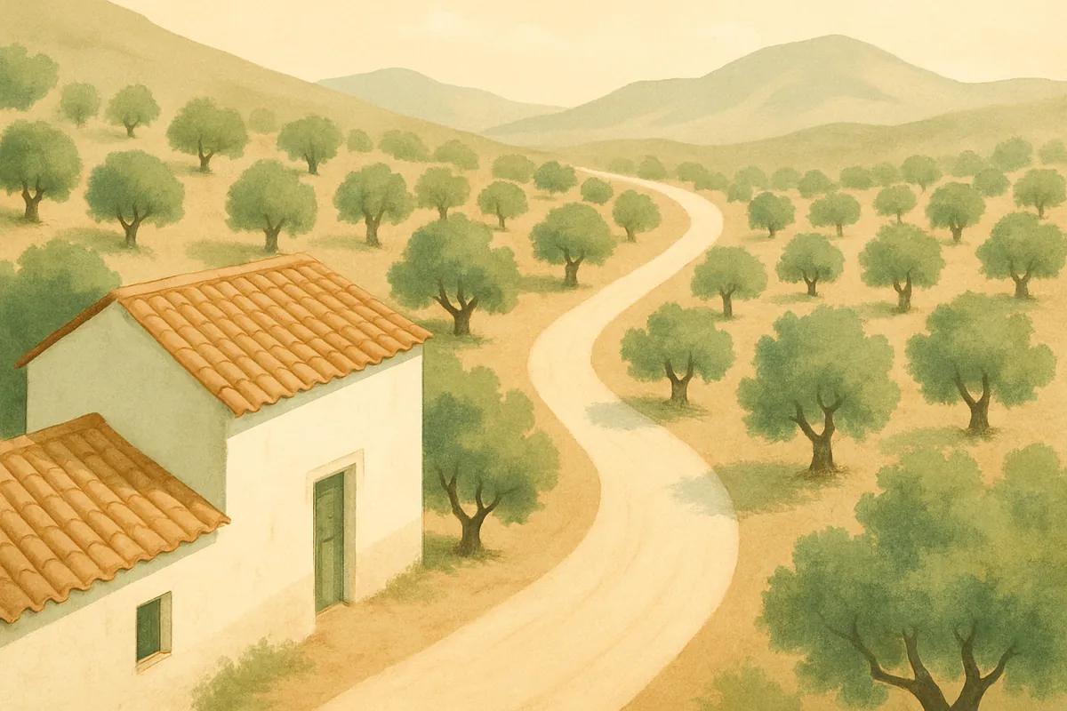 A quiet road curving away between olive groves toward distant hills