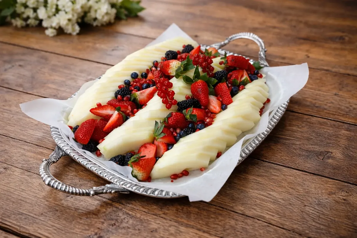 Platter of fresh melon with strawberries, blackberries and pomegranate.