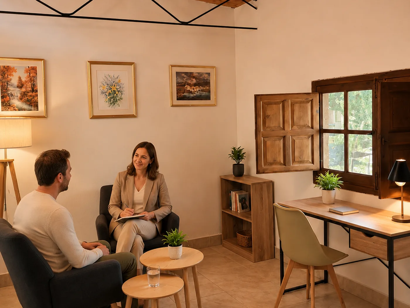 A group therapy session in progress at Sierra Recovery near Humilladero in M&aacute;laga province