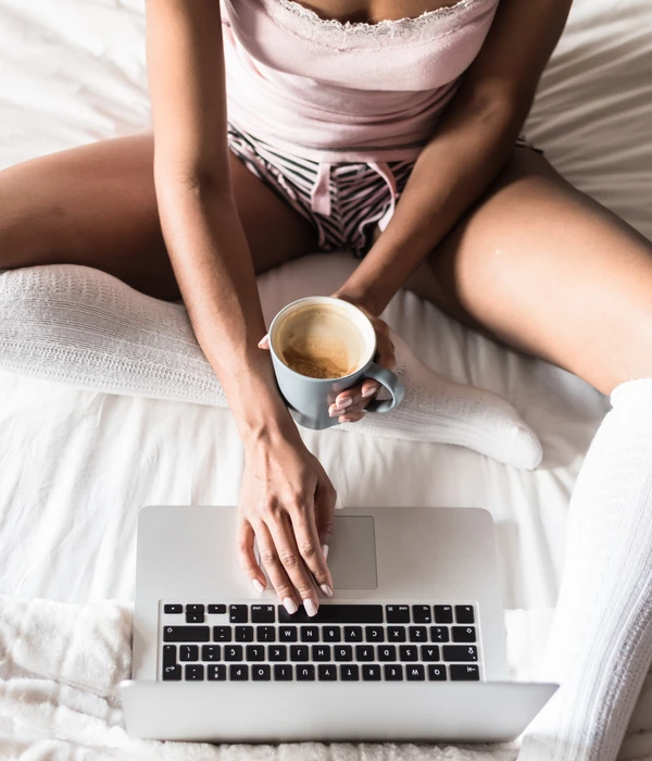 sierra recovery woman sitting bed laptop cup coffee sex porn