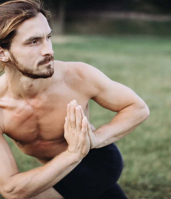 sierra recovery yoga man beard shirt sitting grass