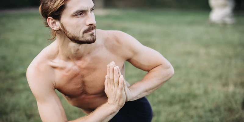 sierra recovery yoga man beard shirt standing field